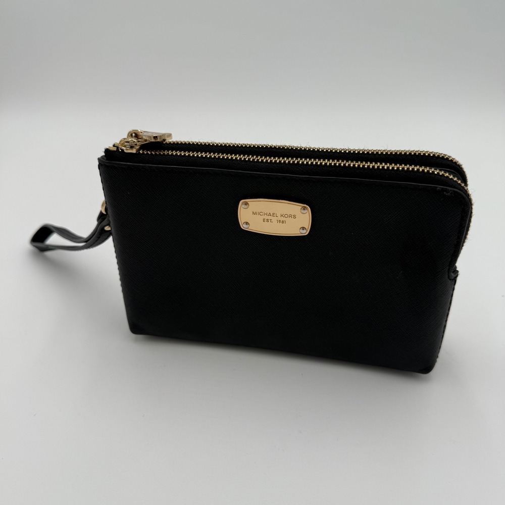 Michael Kors Adele Double Zip Wristlet One Size Black Leather Gold Hardware